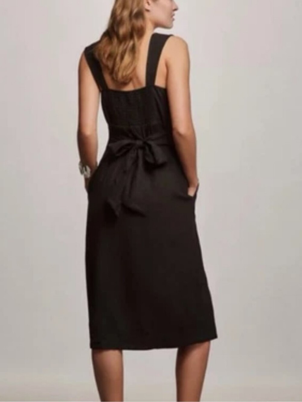 Linen Black Square-Neck Midi Milk Maid Dress Pockets Smocked Bow Pilcro L - Picture 2 of 12